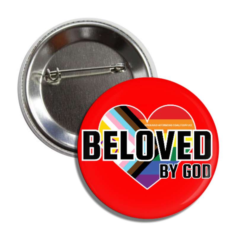 Round Beloved By God 2-1/4 inch round button with locking pin back (1 Button)